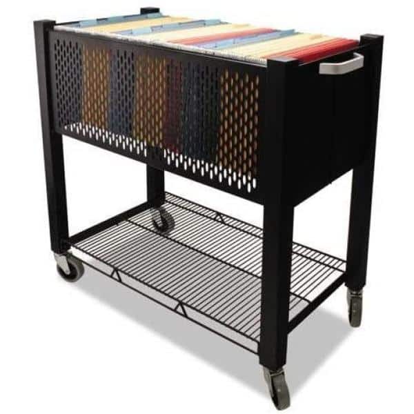 Black Steel Mobile File Cart with Push Handle and Locking Wheels