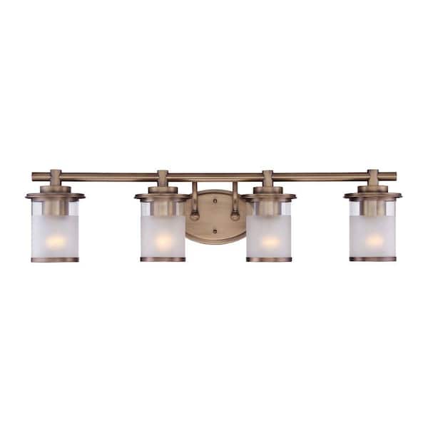 Designers Fountain Essence 32.1 in. 4-Light Old Satin Brass Transitional Vanity Light with Frosted and Clear Edge Glass Shades