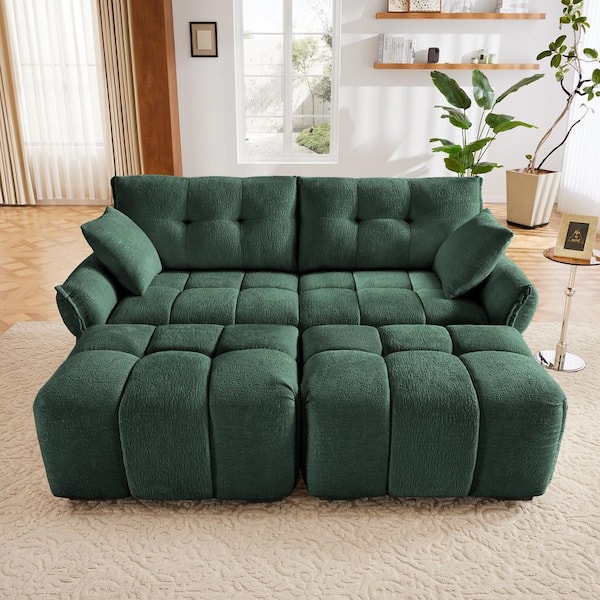 Tina 78.7 in. Flared Arm Chenille Upholstered U Shaped Sectional Sofa in. Green with 2 Ottomans, Throw Pillows