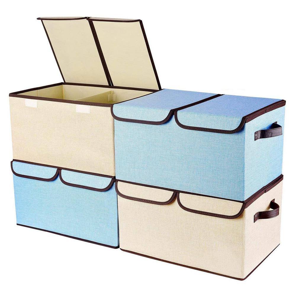 28 qt. Fabric Storage Bin with Lid in Beige and Blue (4Pack) bin398