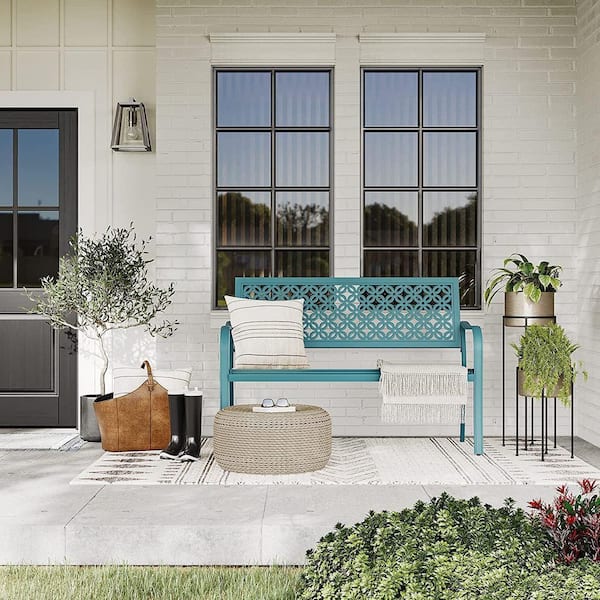 49.5 in. Outdoor Bench with Back & Armrest, All Weather Metal Park Bench for Patio Garden, Peacock Green