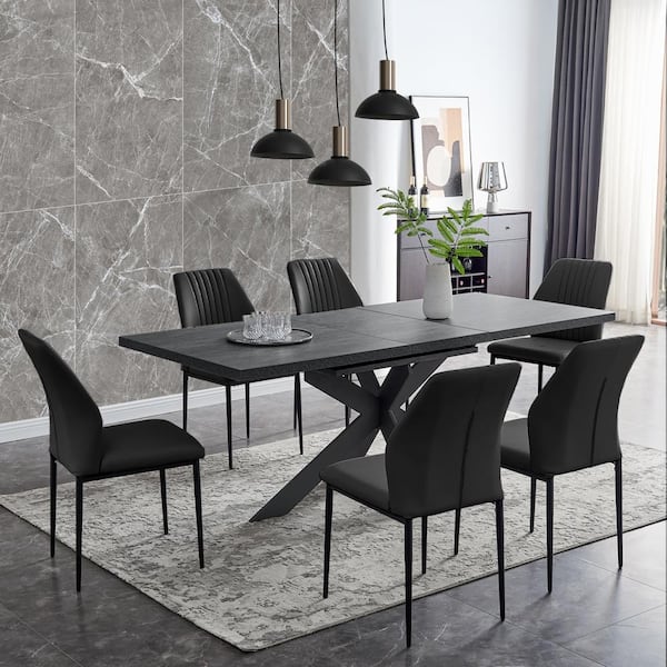 7 Piece Extendable Rectangle Dining Table Set Dark Table with 6