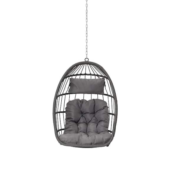 Tunearary 28.7 in. x 28.5 in. x 55.6 in., Wicker Outdoor Rocking Chair with Light Gray Cushions, Swing Hanging Chair, Hanging