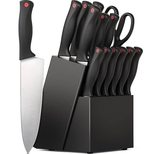 Numhew 15-Piece Stainless Steel Knife Set with Knife Block and Built-in Sharpener, Black and Silver