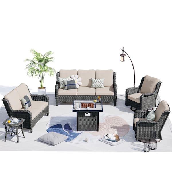 OVIOS Janus Gray 6-Piece Wicker Patio Fire Pit Conversation Seating Set with Beige Cushions