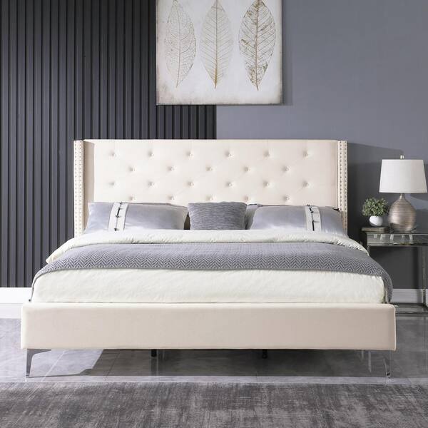 Morden Fort Cream Modern California King Wood Platform Bed Frame No Box Spring Needed With Upholstered Headboard B1001 Ck Morden Fort Cream Modern, California King Bed Frame No Box Spring Needed