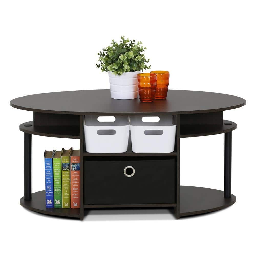 Walnut Oval Coffee Table with Storage Bin and Shelves