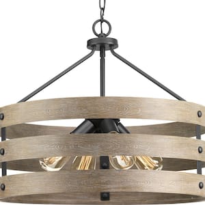 Gulliver Collection 21-1/2 in. 4-Light Graphite Farmhouse Drum Pendant with Weathered Gray Wood Accents