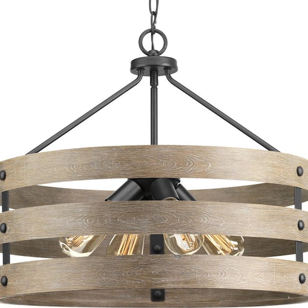 Gulliver Collection 21-1/2 in. 4-Light Black Coastal Drum Pendant Light with Weathered Gray Wood Accents for kitchens