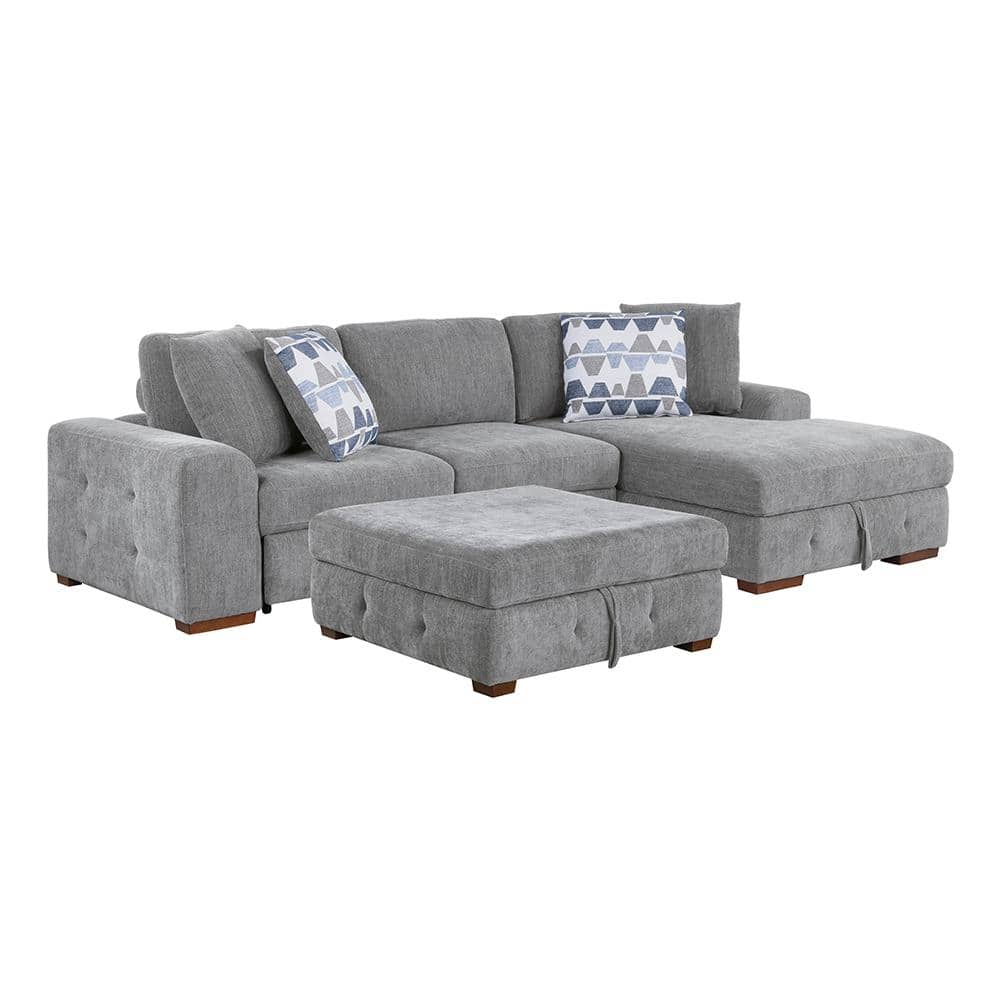 Laconia 115 in. Straight Arm 3-Piece Chenille Sectional Sofa in Gray with R