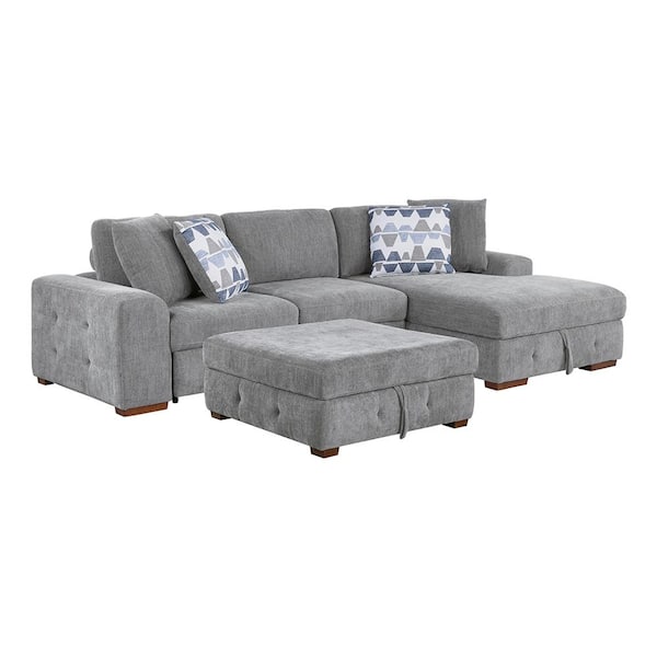 Lazzara Laconia 115 in. Straight Arm 3-Piece Chenille Sectional Sofa in Gray with Right Chaise and Storage Ottoman
