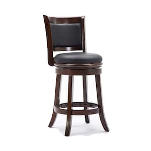 19.5 in. Dark Brown Low Back Wooden Frame Faux leather Upholstered Round Wooden Swivel Counter Height Bar Stool
