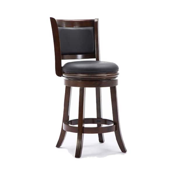 Benjara 19.5 in. Dark Brown Low Back Wooden Frame Faux leather Upholstered Round Wooden Swivel Counter Height Bar Stool