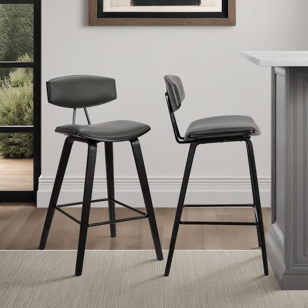 Armen Living Fox 25.5 in. Mid-Century Counter Height Bar Stool in Gray Faux Leather with Black Wood