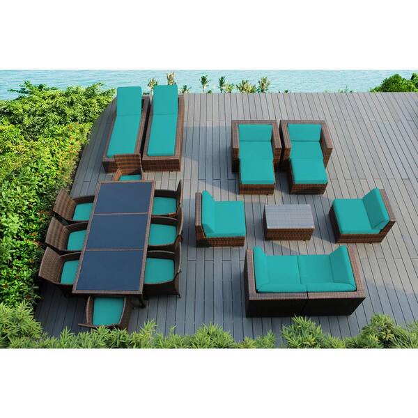 Ohana Depot Mixed Brown 20-Piece Wicker Patio Combo Conversation Set with Sunbrella Aruba Cushions