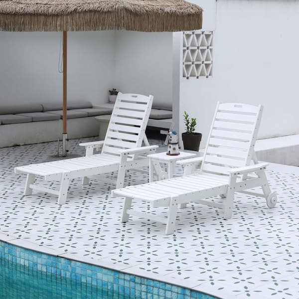 Unbranded White 3-Piece Outdoor Chaise Lounge with Side Table, Oversized Chaise Lounge Chair Set All Weather Patio Lounge Chair