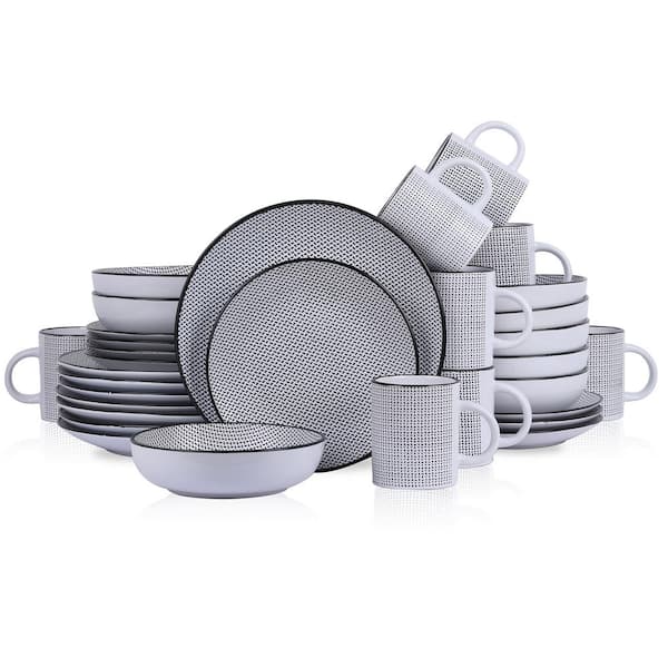 STONE LAIN Daisy 32-Piece White and Black Stoneware Dinnerware Set (Service for 8)