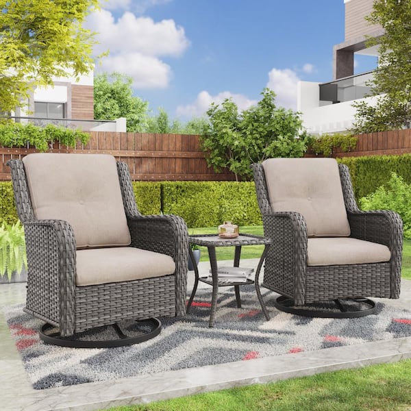 JOYSIDE 3-Piece Wicker Swivel Outdoor Rocking Chairs Patio Conversation Set with Beige Cushions