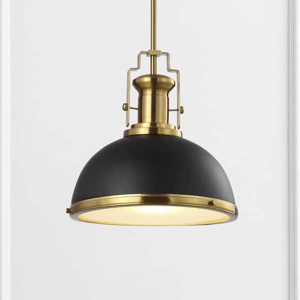 JONATHAN Y Homer 13 in. Black Brass Gold Adjustable Iron Glass Vintage Classic LED Kitchen Pendant