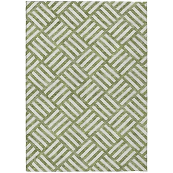 Olive Green, Ivory 10 ft. x 14 ft. Woven Geometric Polyester Rectangle Indoor/Outdoor Area Rug