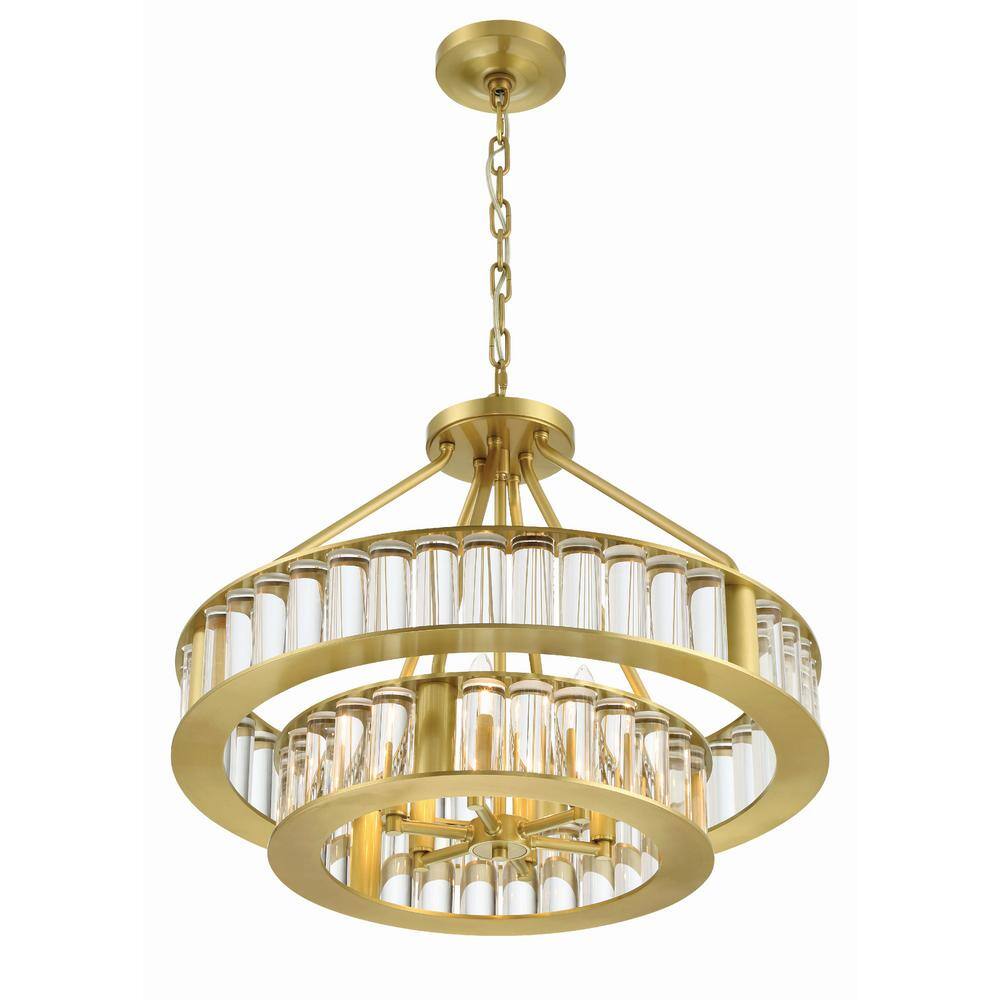 Aged Brass and Crystal 6-Light Two-Tier Chandelier