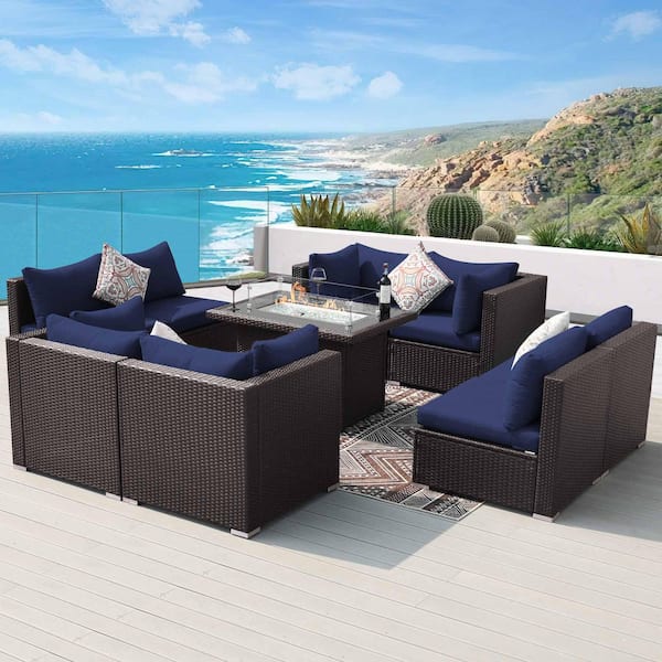 Unbranded 9-Pieces Brown Wicker Outdoor Sectionals Patio Furniture Set Conversation Set with Fire Pit Table and Navy Blue Cushions