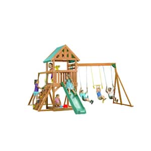 Mountain View Playset with Tarp Roof, Monkey Bars, Sandbox, Multi-Color Swing Set Accessories and Green Slide