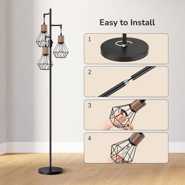 EDISHINE 65 in. Black 3-Light LED Edison Bulbs Smart Dimmable