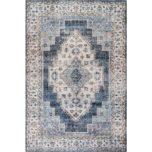 Maria Oasis Medallion Spill Proof Washable Navy 9 ft. x 12 ft. Indoor Area Rug