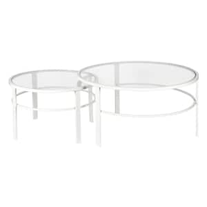 Gaia 2-Piece 36 in. White Medium Round Glass Coffee Table Set with Nesting Tables