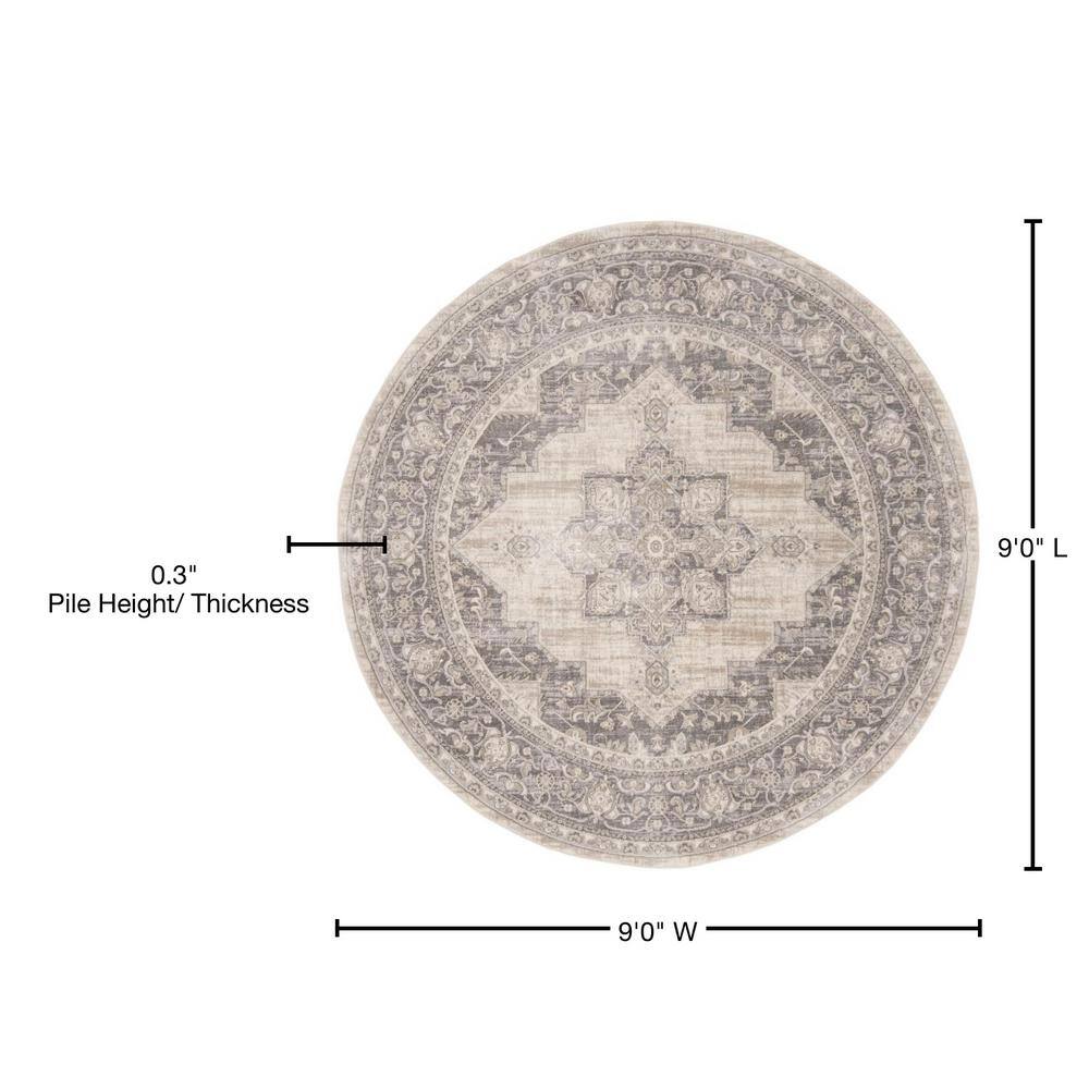 Reversible Round Cream/Gray Synthetic Easy Care Area Rug, 9' x 9'
