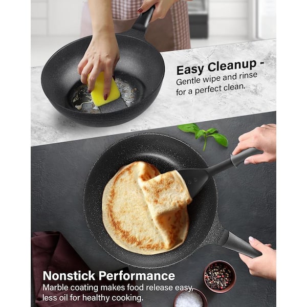 Cook N Home Marble Nonstick Cookware Saute, 12 Fry Pan with Lid, Black