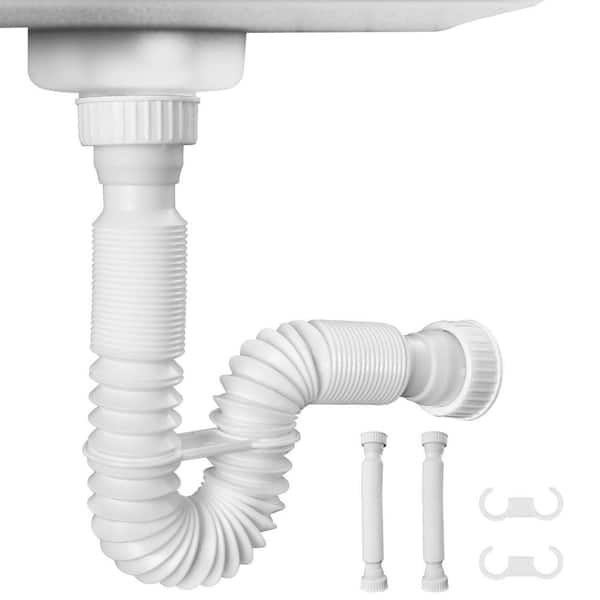 Numhew White Flexible P-Trap Sink Drain Pipe with 2 Rubber Sealing Rings 2-Pack 10.6 in. - 34.5 in. H x 1.8 in. W x 1.8 in. D