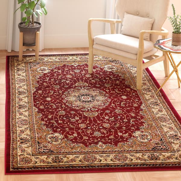 Lyndhurst Red/Ivory 9 ft. x 12 ft. Floral Border Antique Area Rug