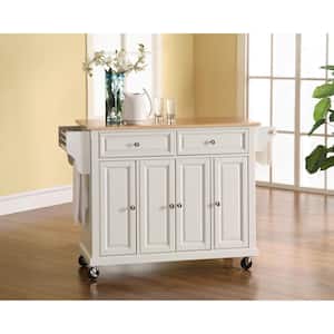 Full Size White Kitchen Cart with Natural Wood Top