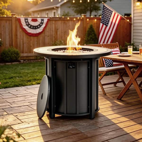 Black Round Steel Outdoor Fire Pit Table with Mosaic Ceramic Tabletop and Glass Beads
