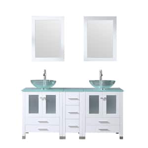 60 in. W x 21.5 in. D x 61 in. H Double Sinks Bath Vanity in White with Glass Top and Mirror