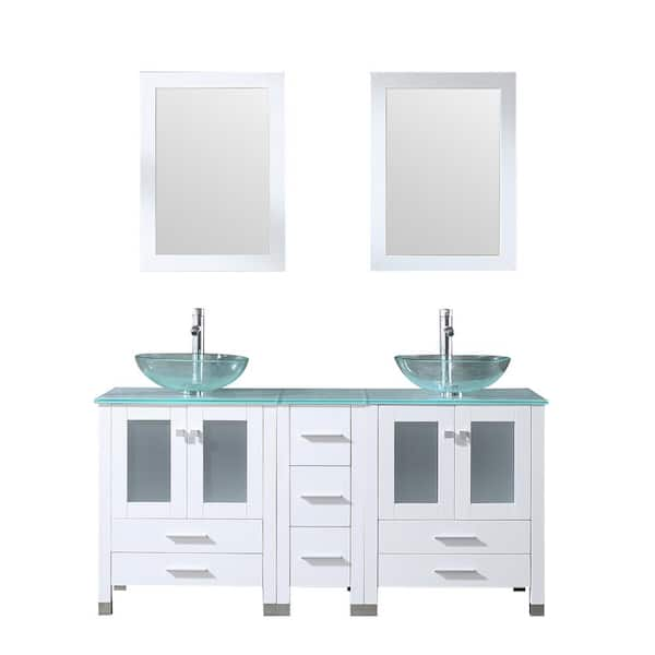 walsport 60 in. W x 21.5 in. D x 61 in. H Double Sinks Bath Vanity in White with Glass Top and Mirror