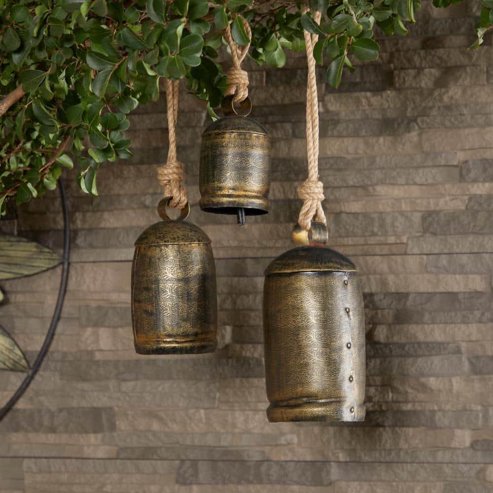 DecMode Gold Metal Tibetan Inspired Decorative Hanging Bell Chime Set of 3  5, 4, 3H, Features a Round Shape with Solid Pattern and Metal Clappers