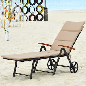 Folding Back Adjustable Aluminum Rattan Patio Outdoor Lounge Chair without Cushion Recliner with Wheels in Brown