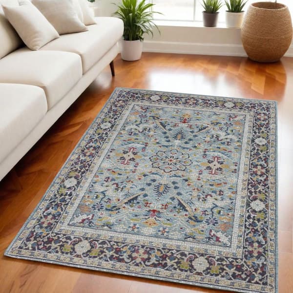 5 ft. x 8 ft. Teal Blue Orange and Black Floral Distressed Non Skid Area Rug