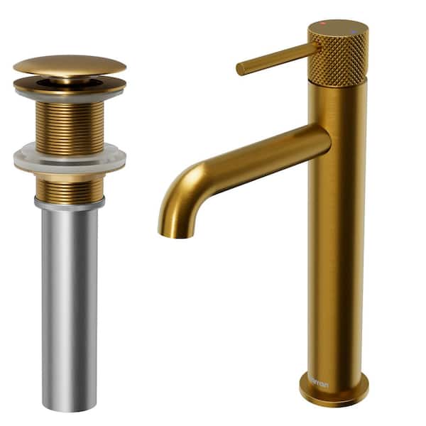 Karran Tryst Single-Handle Single-Hole Vessel Bathroom Faucet with Matching Pop-Up Drain in Gold