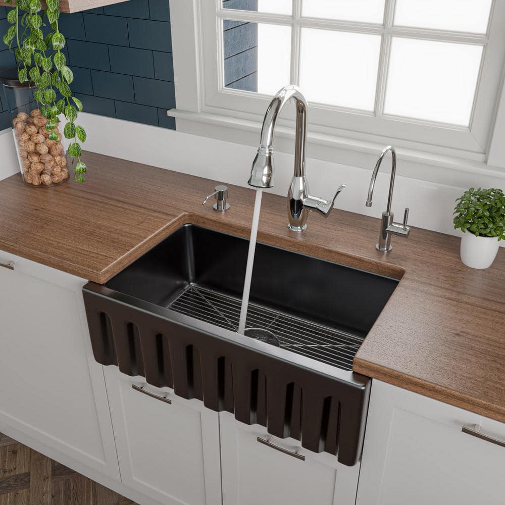 30" Black Gloss Fireclay Farmhouse Drop-in Kitchen Sink
