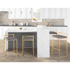 Fuji 26 in. Gold Stackable Counter Stool with Grey Faux Leather Cushion (Set of 2)
