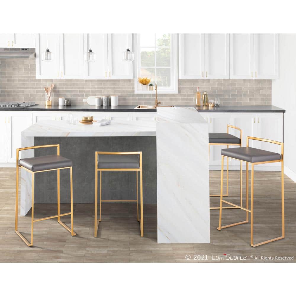 Fuji Contemporary Gray Leather & Metal Bar Stool