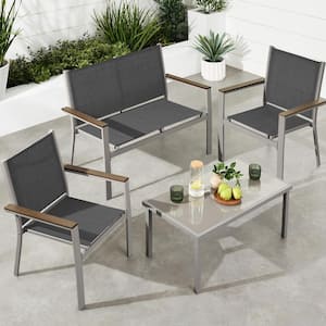 Taupe 4-Piece Outdoor Charcoal Textilene Metal Patio Conversation Furniture Set w/ Loveseat, Table