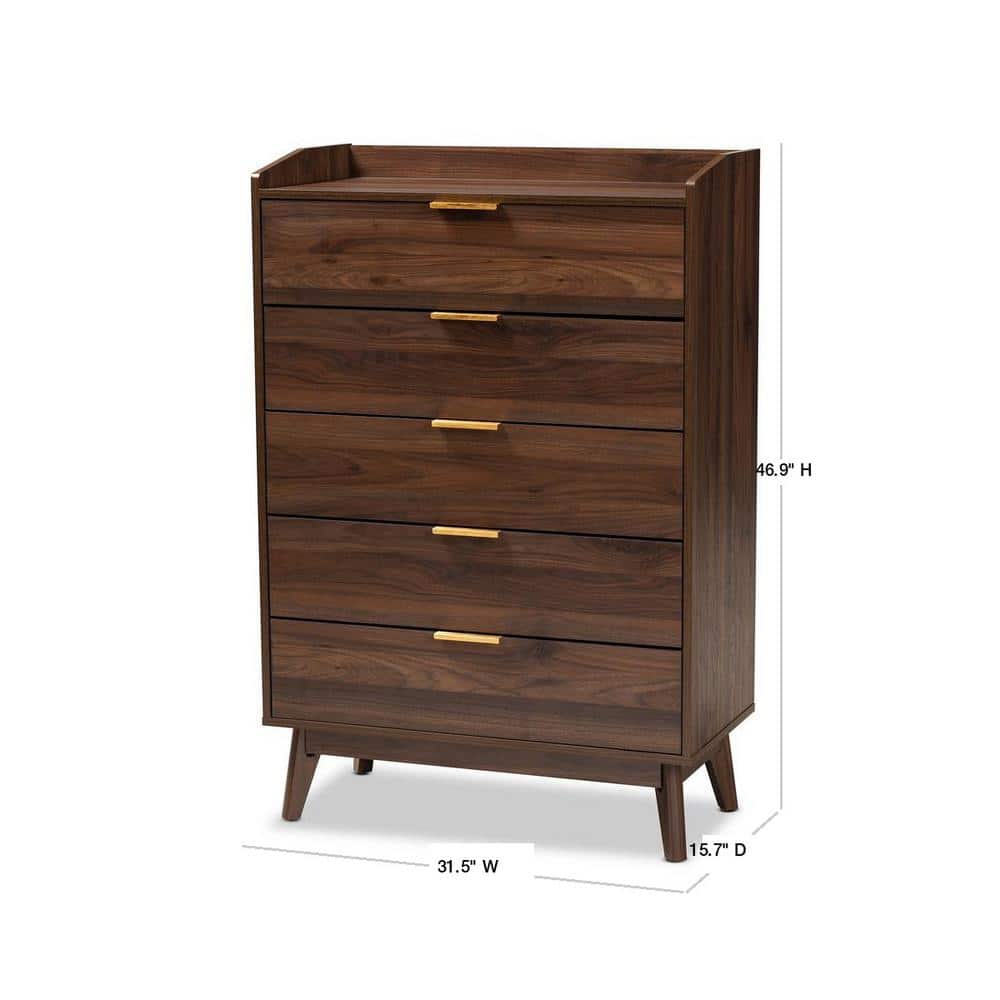 Walnut Brown Mid-Century 5-Drawer Chest with Gold-Tone Handles