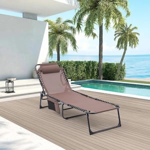 2-Piece Black Metal Outdoor Adjustable and Reclining Tanning Chaise Lounge with Brown Seat, Pillow and Side Pocket
