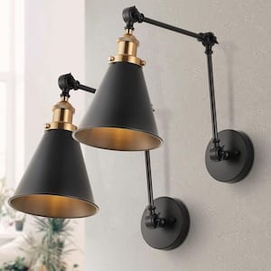Rover 7 in. Adjustable Classic Glam Arm Metal LED Wall Sconce, Black/Brass Gold (Set of 2)
