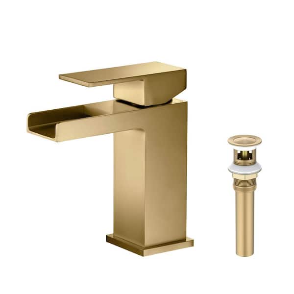 1- Handle 6.13 in. H Single Hole Bathroom Sink Faucet with Supply Lines and Pop-Up Drain in Brushed Brass
